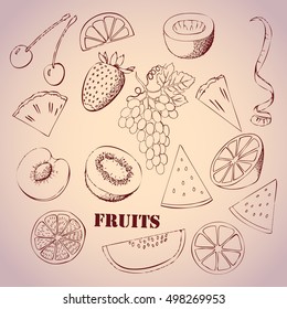 Background with fruit. Hand drawn sketches of orange, kiwi, lemon and others. Vector Illustration
