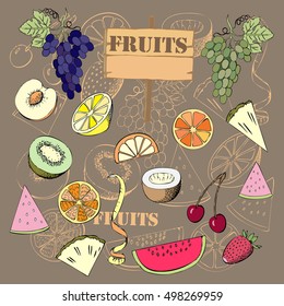 Background with fruit. Hand drawn sketches of orange, kiwi, lemon and others. Vector Illustration