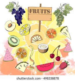 Background with fruit. Hand drawn sketches of orange, kiwi, lemon and others. Vector Illustration