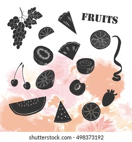 Background with fruit. Hand drawn sketches of orange, kiwi, lemon and others. Vector Illustration