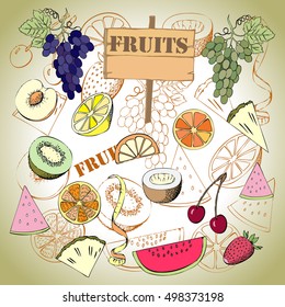 Background with fruit. Hand drawn sketches of orange, kiwi, lemon and others. Vector Illustration