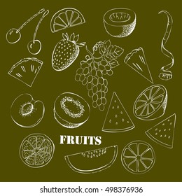 Background with fruit. Hand drawn sketches of orange, kiwi, lemon and others. Vector Illustration