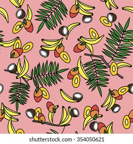 Background of fruit. Summer background. Pattern with banana, coconut and mango. Pattern from palm leaves