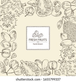 Background with fruits: acerola fruit, barbados cherry, jackfruit, soursop and jambalan fruits. Vector hand drawn illustration