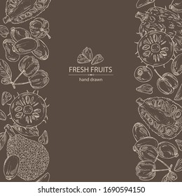 Background with fruits: acerola fruit, barbados cherry, jackfruit, soursop and jambalan fruits. Vector hand drawn illustration