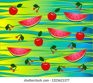 Background. Fruits. Apple. Cherry. Watermelon. Healthy food. Sweet summer.
