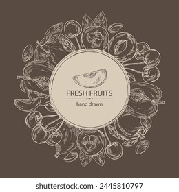 Background with fruits: apple fruit, apricot, japanese: medlar fruit and cherry. Vector hand drawn illustration.