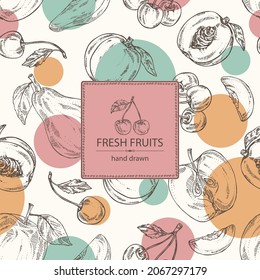 Background with fruits: apple fruit, pear, peach frut and cherry. Vector hand drawn illustration.