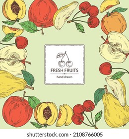 Background with fruits: apple fruit, pear, peach frut and cherry. Vector hand drawn illustration.