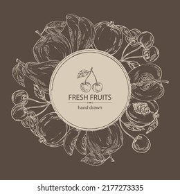 Background with fruits: apple fruit, pear, peach frut and cherry. Vector hand drawn illustration.