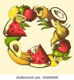 Background with fruits arranged in a circle. Hand-drawn fruit wreath. Sketch. Vector.