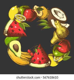 Background with fruits arranged in a circle on black. Hand-drawn fruit wreath. Sketch. Vector