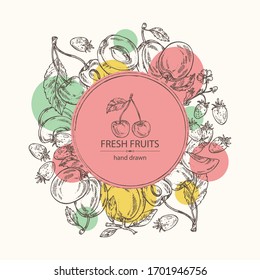 Background with fruits and berries: cherry, plum, apricot and wild strawberry. Vector hand drawn illustration.