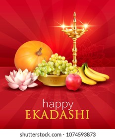 Background with fruits and diya for Ekadashi – Hindu festival and fasting day by lunar calendar. Vector illustration.
