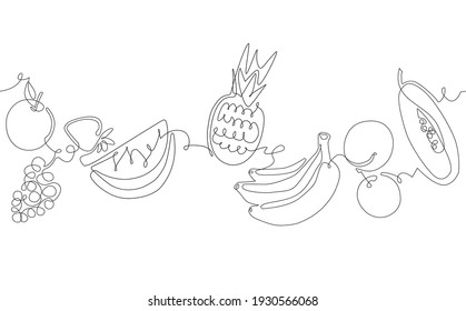 Antecedentes con frutas. Doodle   Borde con manzana, uvas, fresas, sandía, piña, plátanos, ciruela, melocotón, melón. Patrón dibujado a mano creativo. Arte de una sola línea.   Elemento de diseño de vectores.