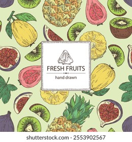 Background with fruits: fig fruit, kiwi, guava fruit and pineapple. Vector hand drawn illustration.