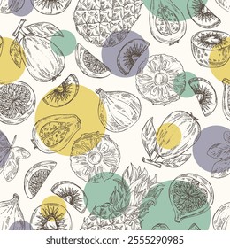 Background with fruits: fig fruit, kiwi, guava fruit and pineapple. Vector hand drawn illustration.