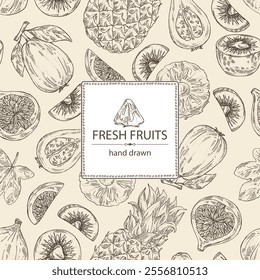 Background with fruits: fig fruit, kiwi, guava fruit and pineapple. Vector hand drawn illustration.