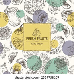 Background with fruits: fig fruit, kiwi, guava fruit and pineapple. Vector hand drawn illustration.