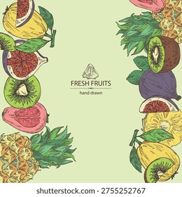 Background with fruits: fig fruit, kiwi, guava fruit and pineapple. Vector hand drawn illustration.