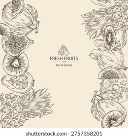 Background with fruits: fig fruit, kiwi, guava fruit and pineapple. Vector hand drawn illustration.