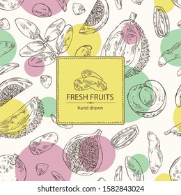 Background with fruits: figs fruit, dates, durian frut and longan. Vector hand drawn illustration.