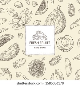 Background with fruits: figs fruit, dates, durian frut and longan. Vector hand drawn illustration.