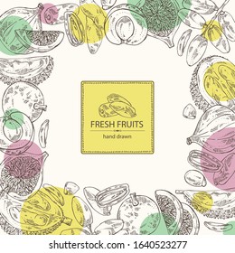 Background with fruits: figs fruit, dates, durian fruit and longan. Vector hand drawn illustration.