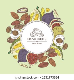 Antecedentes con frutos: higos, fruta, dátiles, fruta de durión y longan. Ilustración dibujada a mano por vectores.