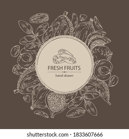 Background with fruits: figs fruit, dates, durian frut and longan. Vector hand drawn illustration.