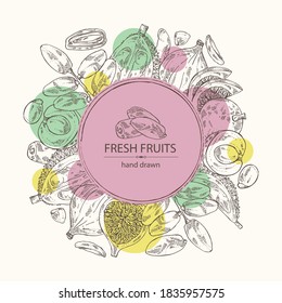 Background with fruits: figs fruit, dates, durian frut and longan. Vector hand drawn illustration.