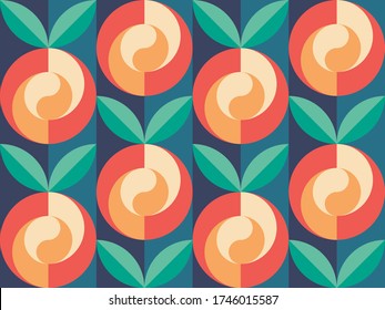 Background fruits and green leaves nature. Abstract geometric seamless pattern. Decorative ornament in flat design style. Ripe harvest banner. Floral backdrop. Organic vegetables product. Tropical.