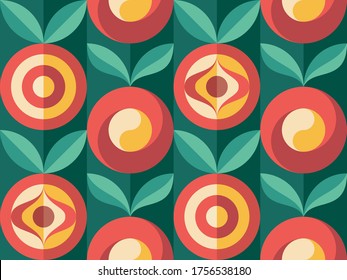 Background fruits and green leaves nature. Abstract geometric seamless pattern. Decorative ornament in flat design style. Ripe harvest banner. Floral backdrop. Organic vegetables product. Tropical.