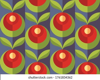 Background fruits and green leaves nature. Abstract geometric seamless pattern. Decorative ornament in flat design style. Ripe harvest banner. Floral backdrop. Organic vegetables product. Tropical.