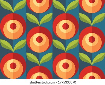 Background fruits and green leaves nature. Abstract geometric seamless pattern. Decorative ornament in flat design style. Ripe harvest banner. Floral backdrop. Organic vegetables product. Red berries.