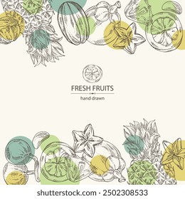 Background with fruits: kepundung fruit, pineapple, carambola and mangosteen. Vector hand drawn illustration.