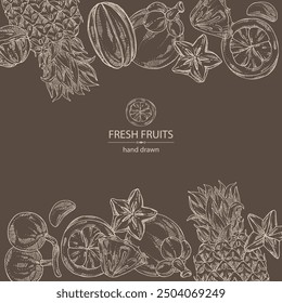 Background with fruits: kepundung fruit, pineapple, carambola and mangosteen. Vector hand drawn illustration.