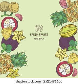 Fundo com frutas: fruta kepundung, abacaxi, carambola e mangostão. Ilustração desenhada à mão vetorial.