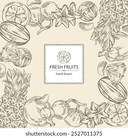 Fundo com frutas: fruta kepundung, abacaxi, carambola e mangostão. Ilustração desenhada à mão vetorial.