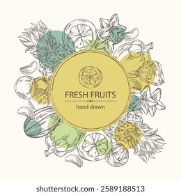 Background with fruits: kepundung fruit, pineapple, carambola and mangosteen. Vector hand drawn illustration.