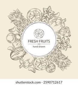 Background with fruits: kepundung fruit, pineapple, carambola and mangosteen. Vector hand drawn illustration.