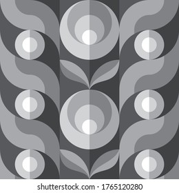 Background fruits and leaves nature. Abstract geometric seamless pattern. Decorative ornament in flat design style. Ripe harvest banner. Floral backdrop. Organic vegetables product. Gray scale colors.
