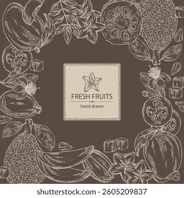 Background with fruits: mango, carambola fruit, feijoa, jackfruit. Vector hand drawn illustration.