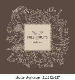 Antecedentes con frutos: frutos de mango, pitaya, fruta de dragón, longan y granadilla. Ilustración dibujada a mano por vectores.