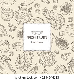 Background with fruits: mango fruit, pitaya, dragon fruit, longan and granadilla. Vector hand drawn illustration.