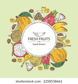 Background with fruits: mango fruit, pitaya, dragon fruit, longan and granadilla. Vector hand drawn illustration.