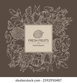 Background with fruits: mangosteen, pitaya, dragon fruit, lichee, date fruit. Vector hand drawn illustration.