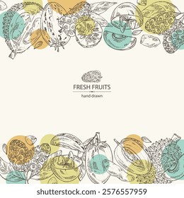 Background with fruits: morinda, noni fruit, pepino, melon pear, durian, sapodilla. Vector hand drawn illustration.