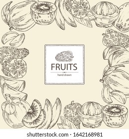 Background with fruits: noni frui, kiwi, mango and mangosteen. Vector hand drawn illustration
