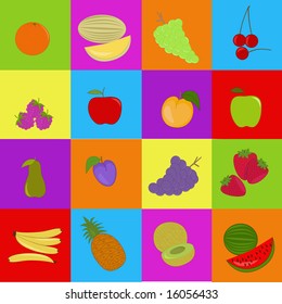 background with fruits - orange, melon, grapefruits, cherrys, strawberry, apple, peach, pear, plum, banana, pineapple, watermelon